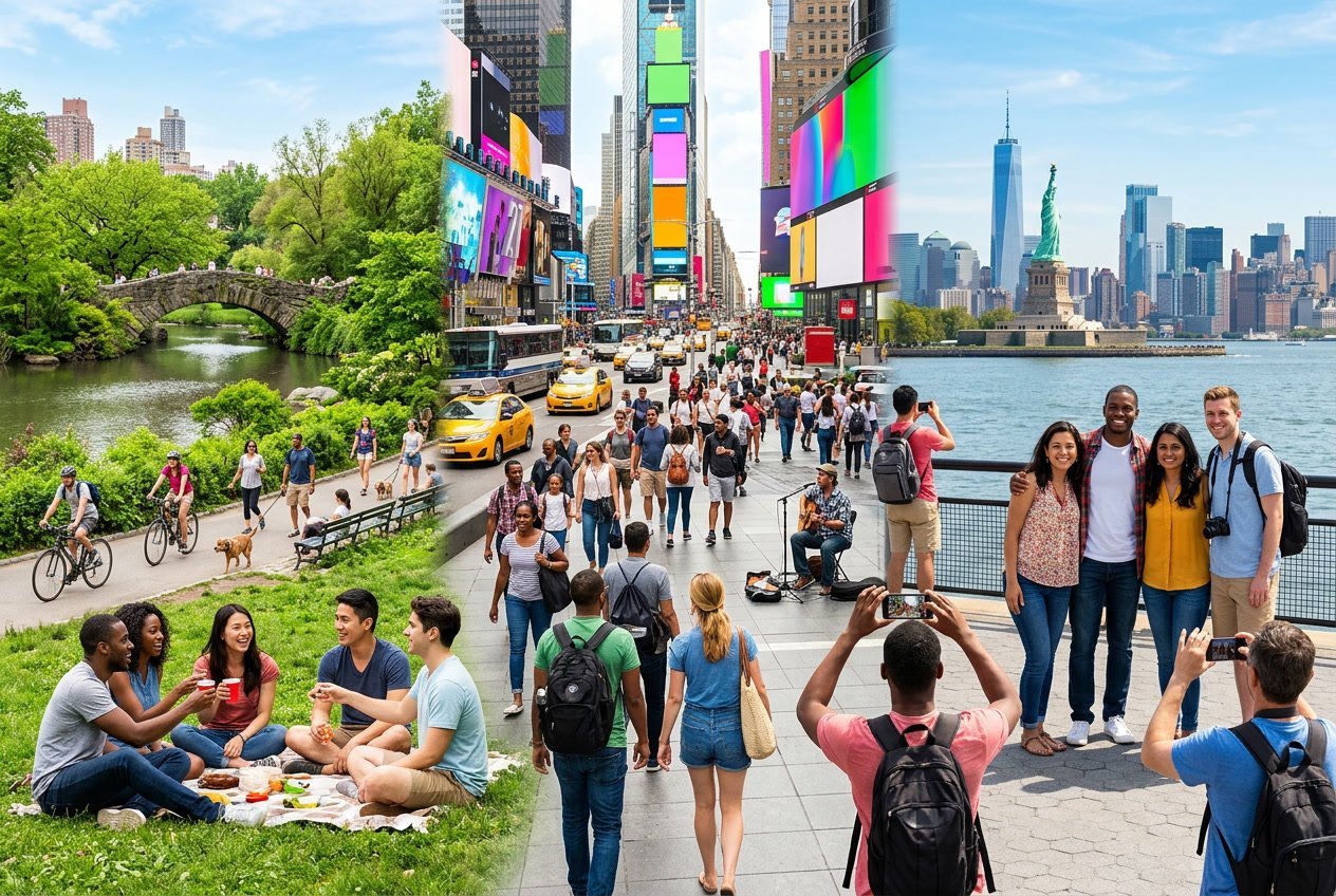 People enjoying outdoor activities in New York City including Central Park, Times Square, and views of the Statue of Liberty with the city skyline.
