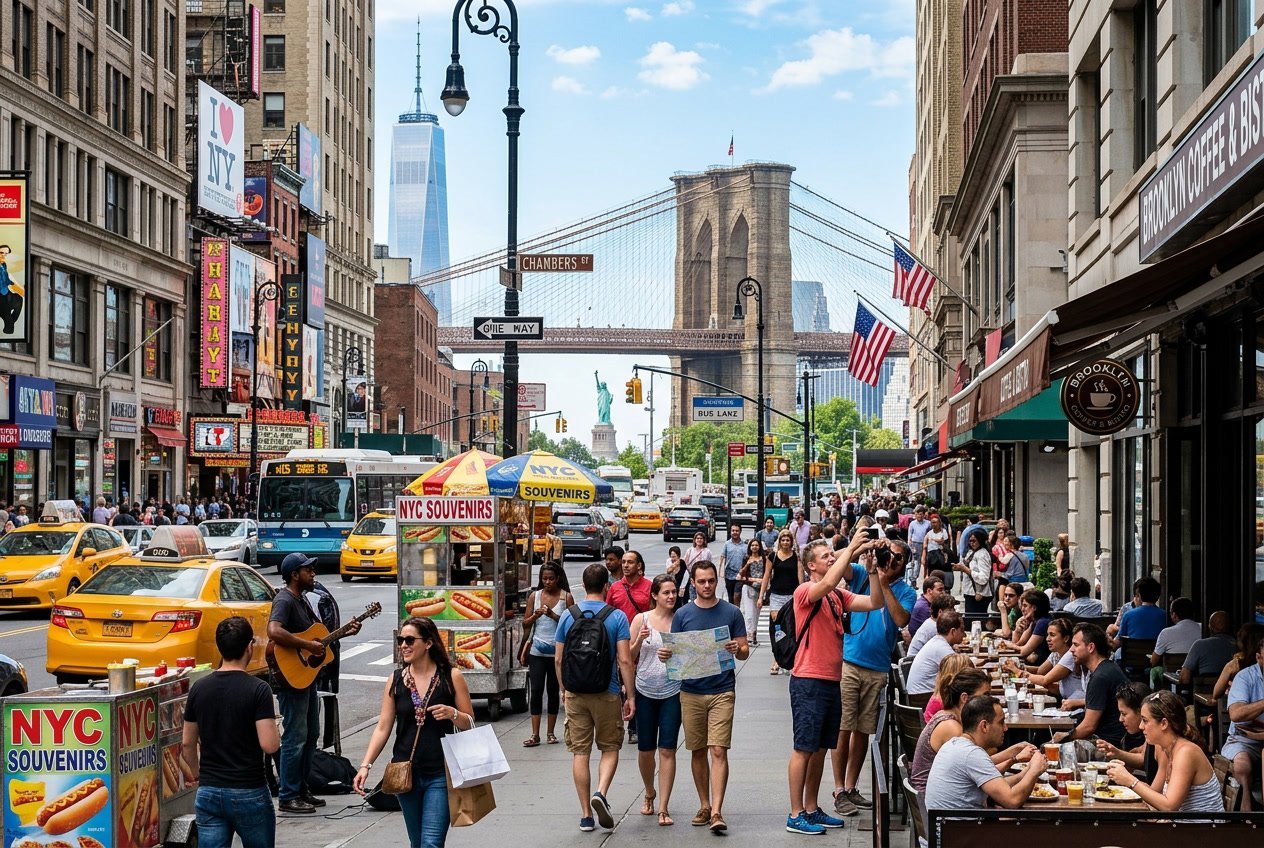 A busy New York City street with people walking, yellow taxis, tall buildings, and the Statue of Liberty visible in the background.