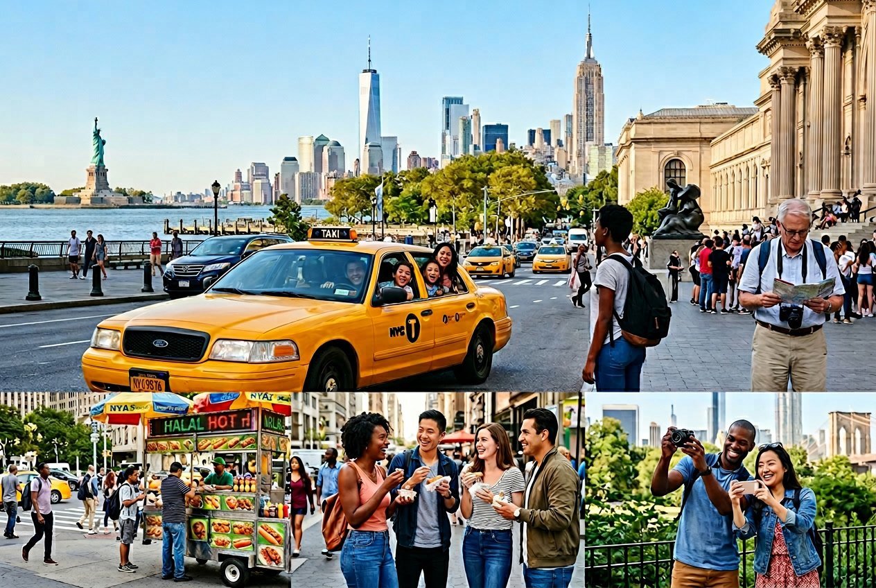 Diverse group of people enjoying various activities around New York City landmarks on a sunny day.