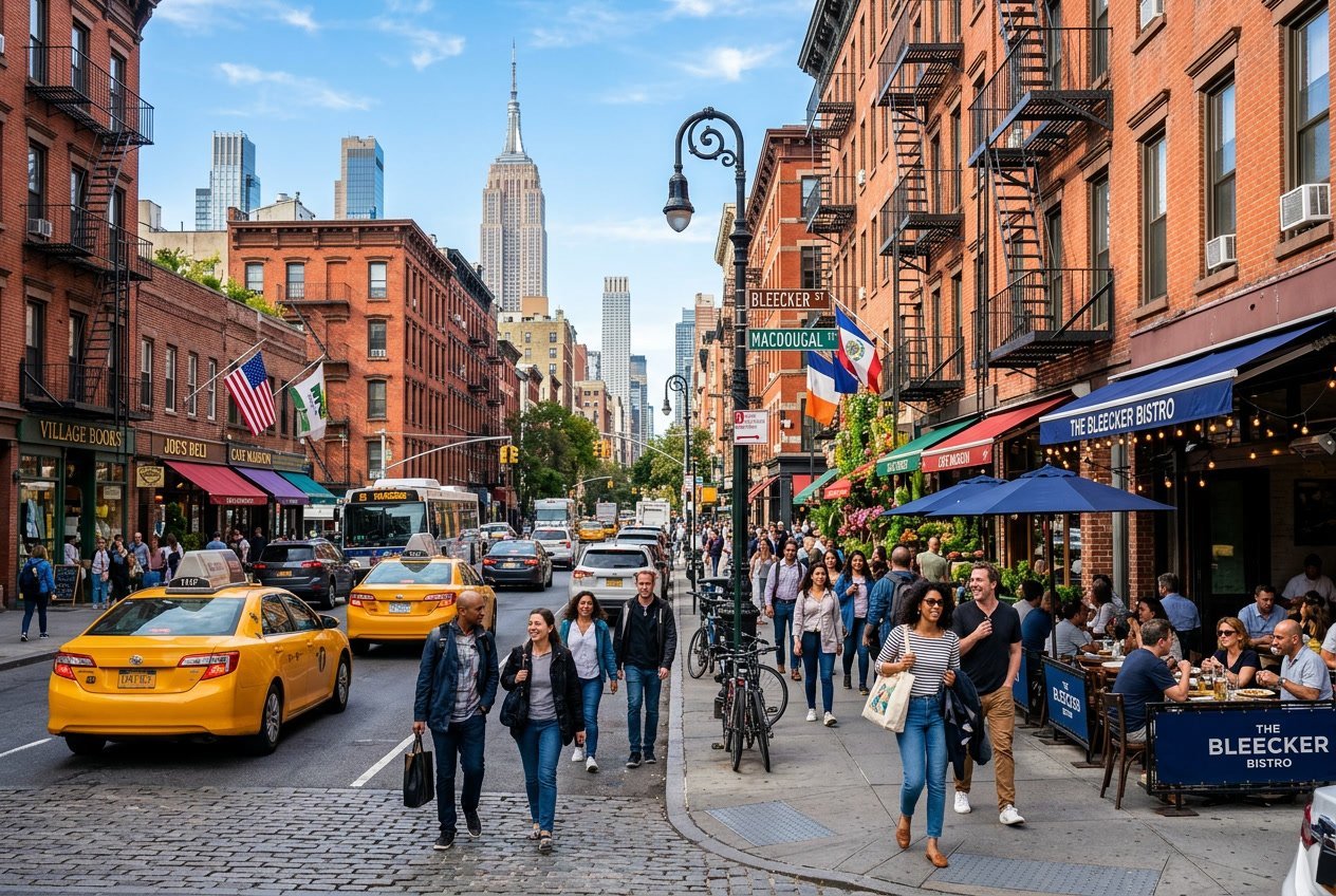 A busy New York City street with people walking, yellow taxis, outdoor cafes, and tall buildings in the background.