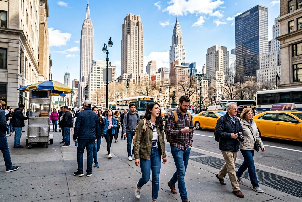 People casually exploring a busy New York City street with yellow taxis and skyscrapers in the background on a sunny day.