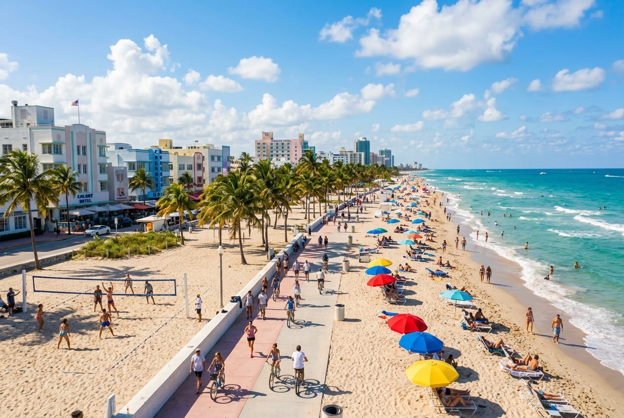 A sunny Miami beach with turquoise water, colorful umbrellas, people enjoying outdoor activities, palm trees, and Art Deco buildings in the background.