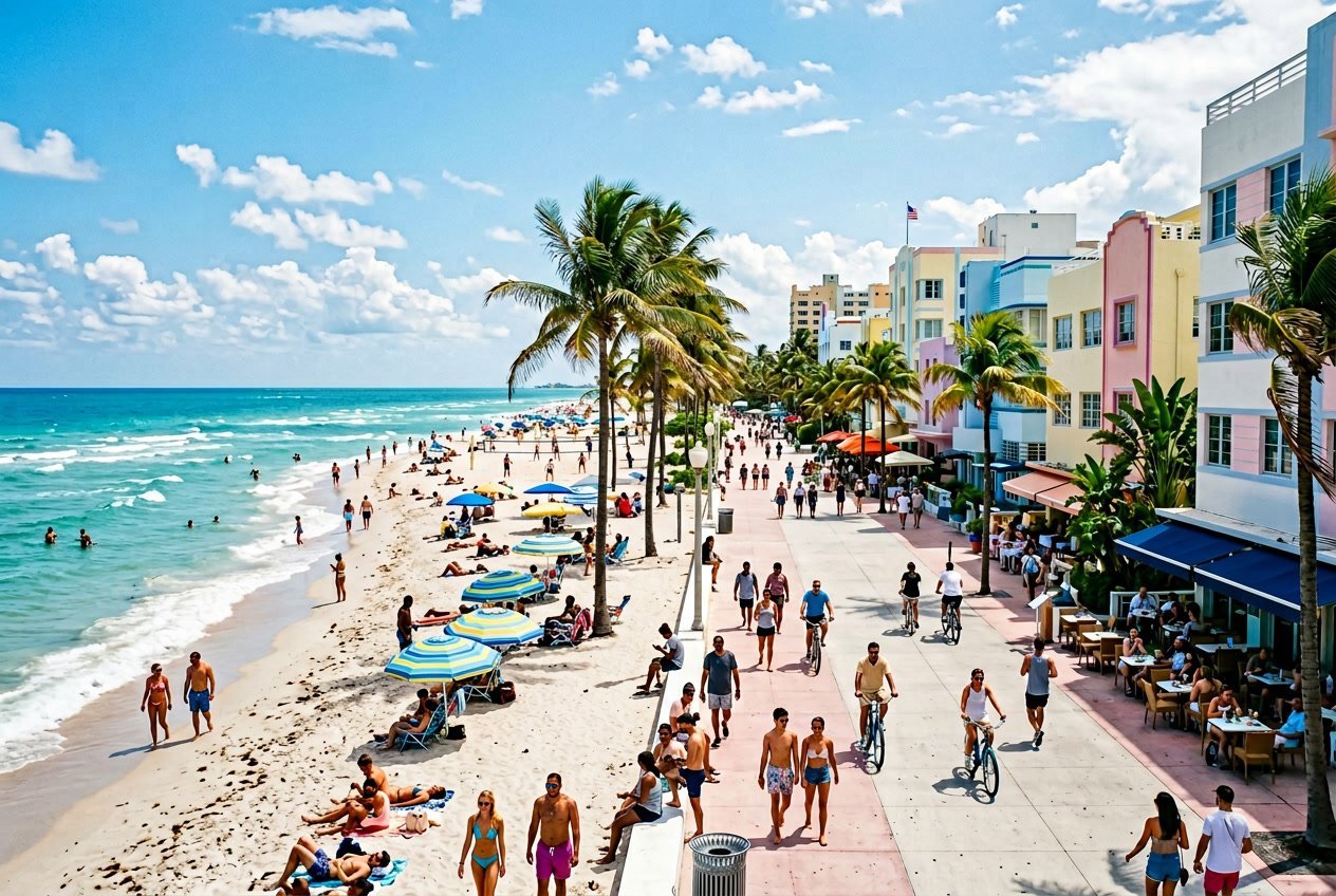 People enjoying a sunny day on a Miami beach with palm trees, colorful buildings, and ocean waves in the background.