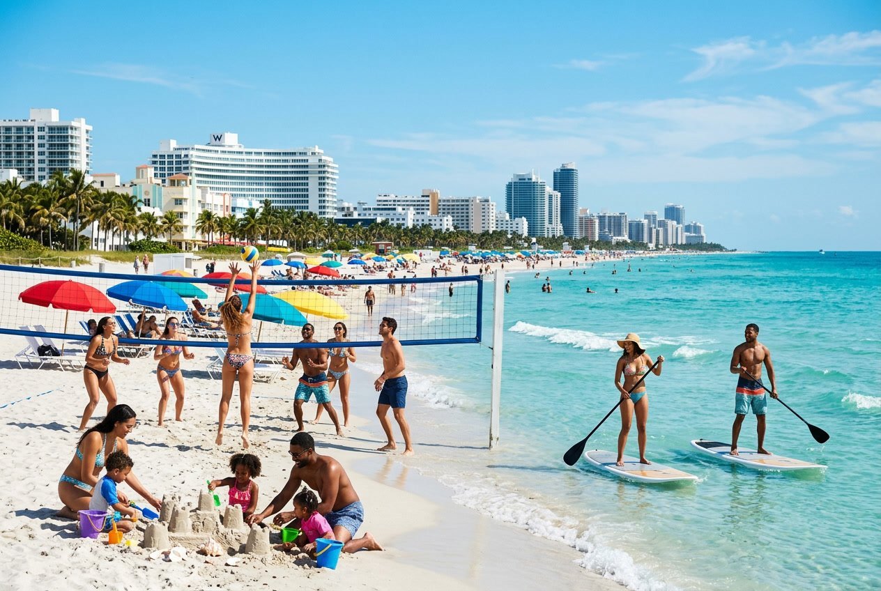 People enjoying various activities on a sunny Miami beach with palm trees and buildings in the background.
