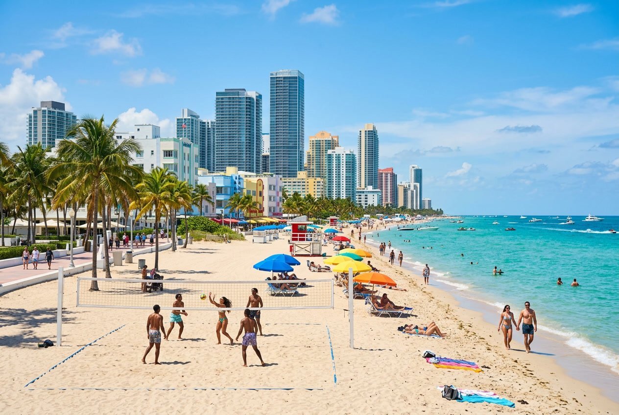 Sunny Miami beach with palm trees, people enjoying the sand and water, and the city skyline in the background.