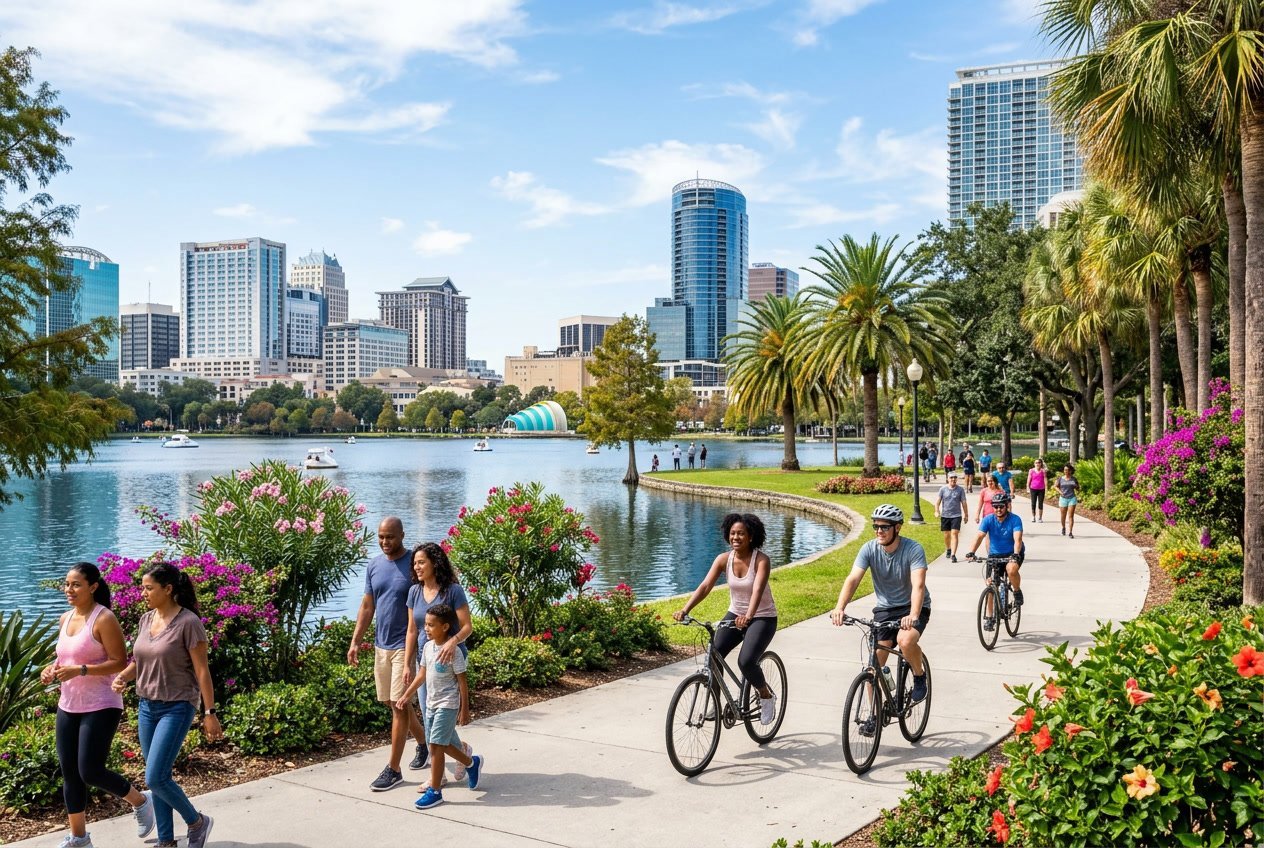 People biking and walking along a palm tree-lined trail with a city skyline and lake in the background in Orlando, Florida.
