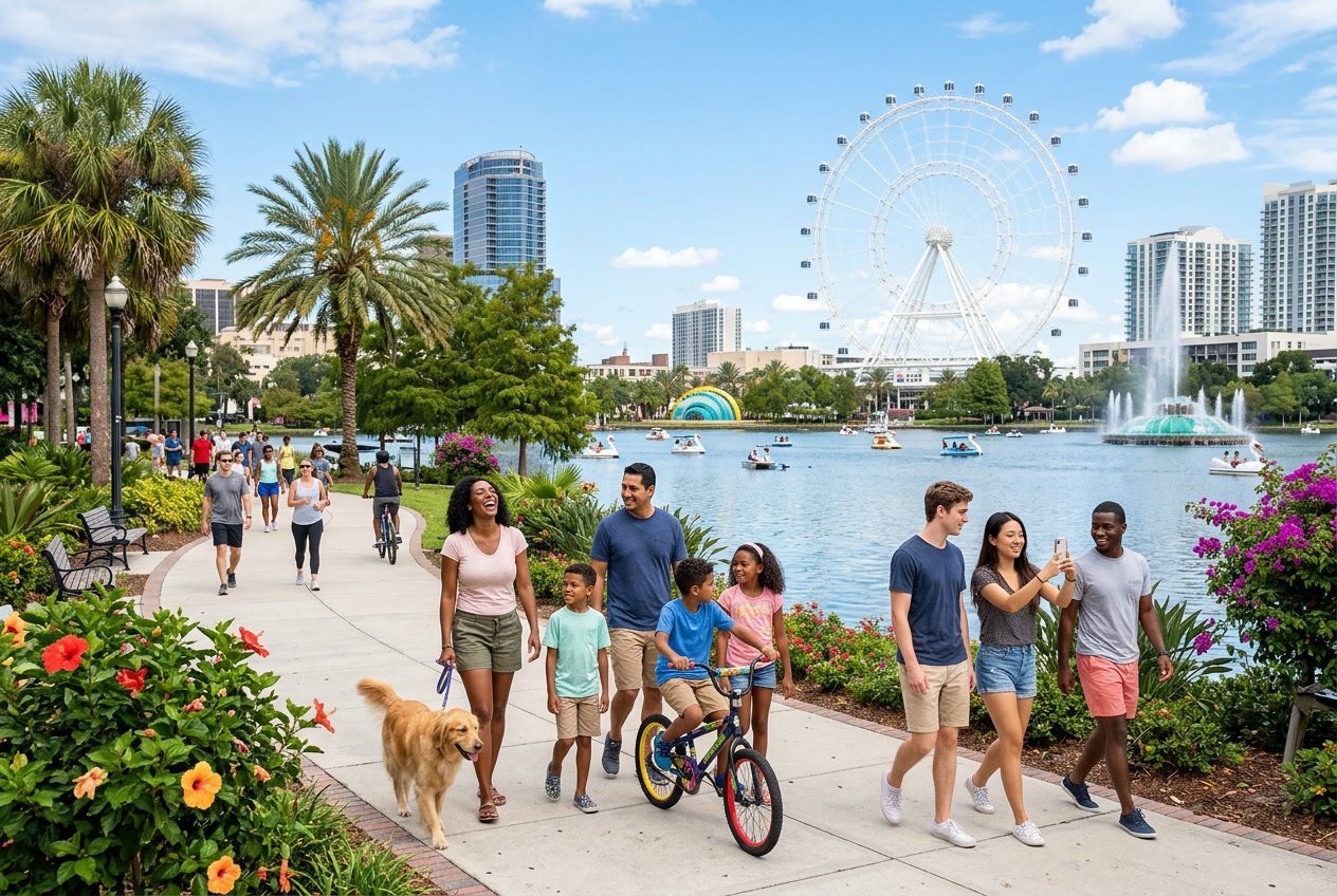 People enjoying a sunny day outdoors in Orlando with palm trees, city skyline, and the Orlando Eye in the background.