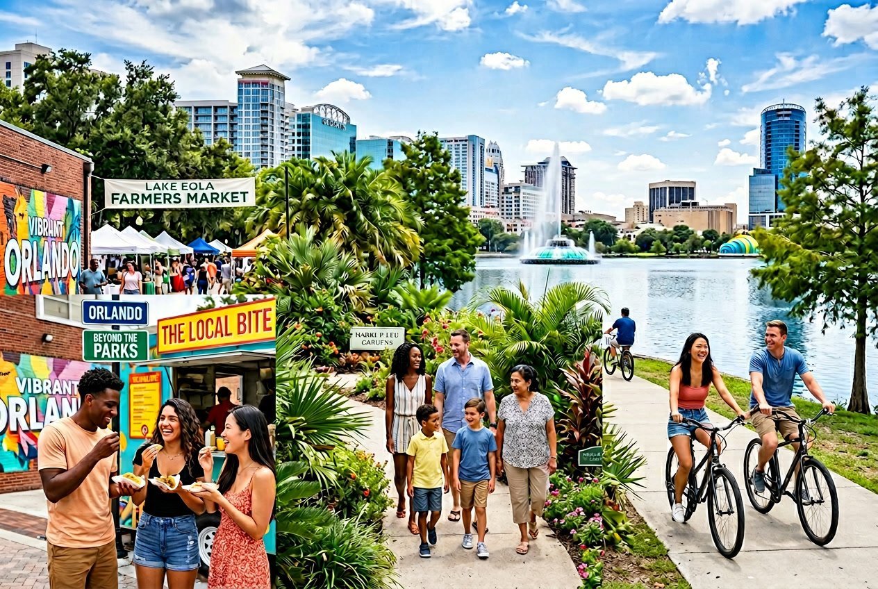 A diverse group of travelers enjoying outdoor activities in Orlando, including biking, exploring a garden, and dining at an outdoor market on a sunny day.