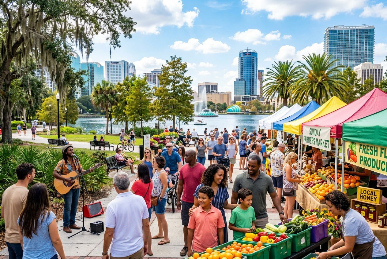 People enjoying a sunny day at a farmers market and park in Orlando with palm trees and city buildings in the background.