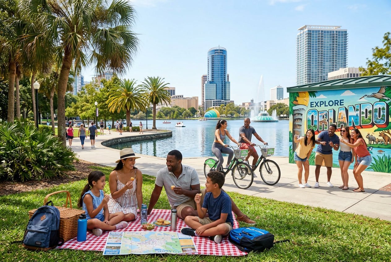 A family having a picnic in a sunny Orlando park with palm trees, people riding bicycles, and a city skyline in the background.