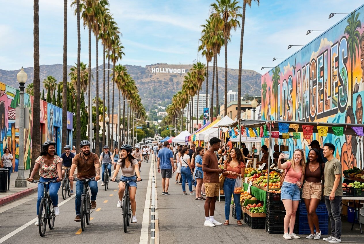 People enjoying outdoor activities near the Hollywood Sign with palm trees and colorful murals in the background on a sunny day.