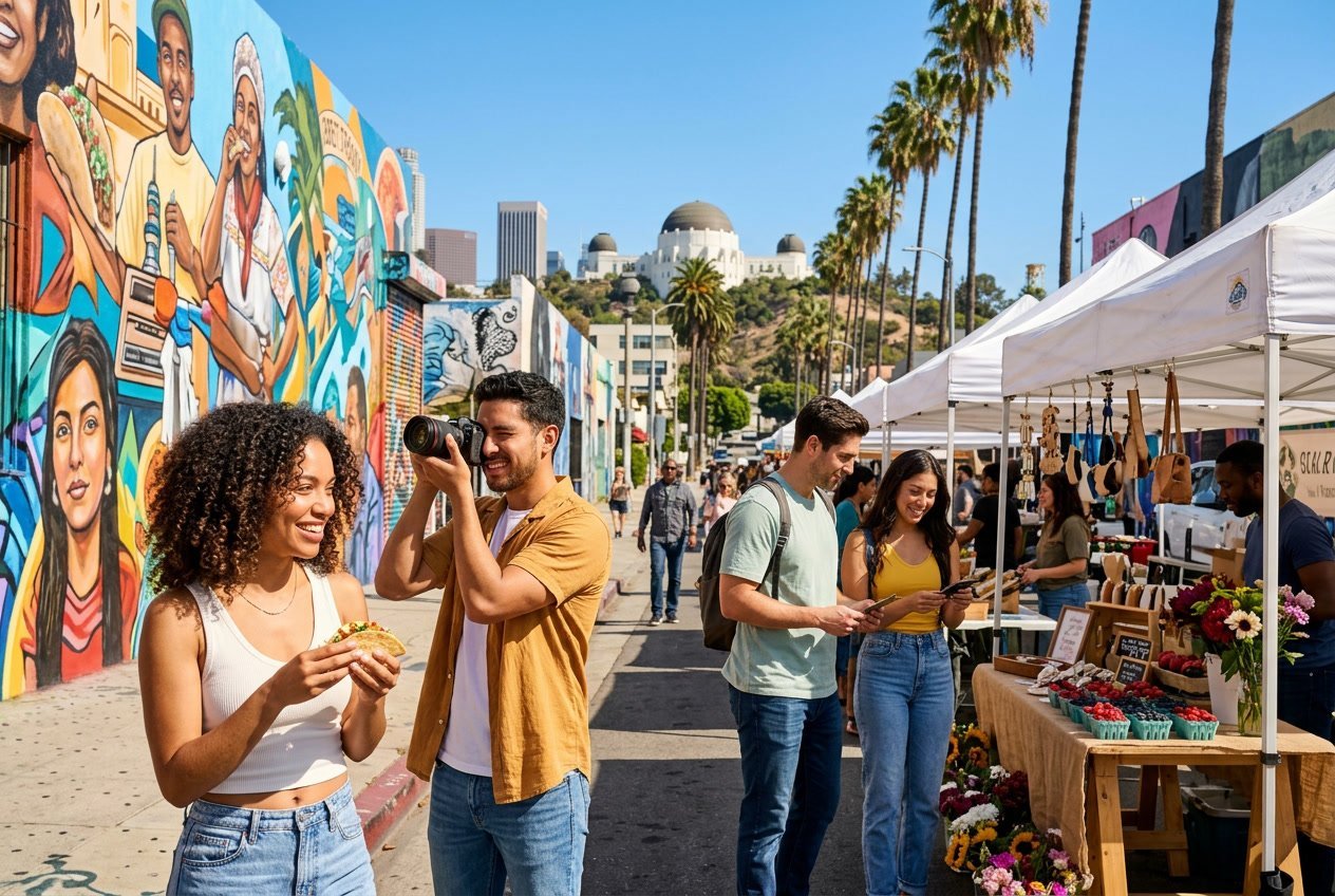 A diverse group of visitors enjoying outdoor activities in Los Angeles, including sightseeing, street art, and a farmers market on a sunny day.