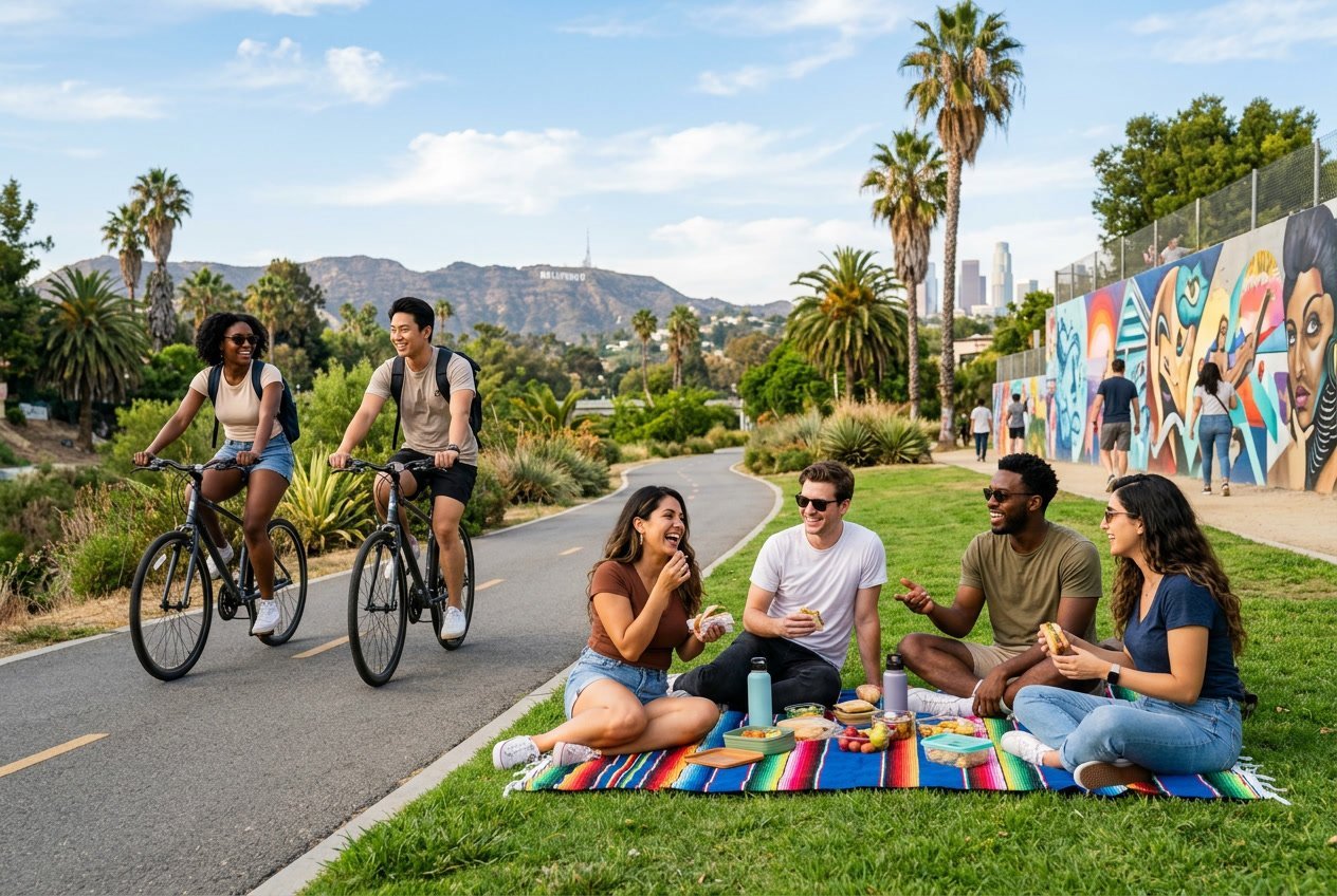 A group of young people enjoying outdoor activities near palm trees and city skyline in Los Angeles on a sunny day.