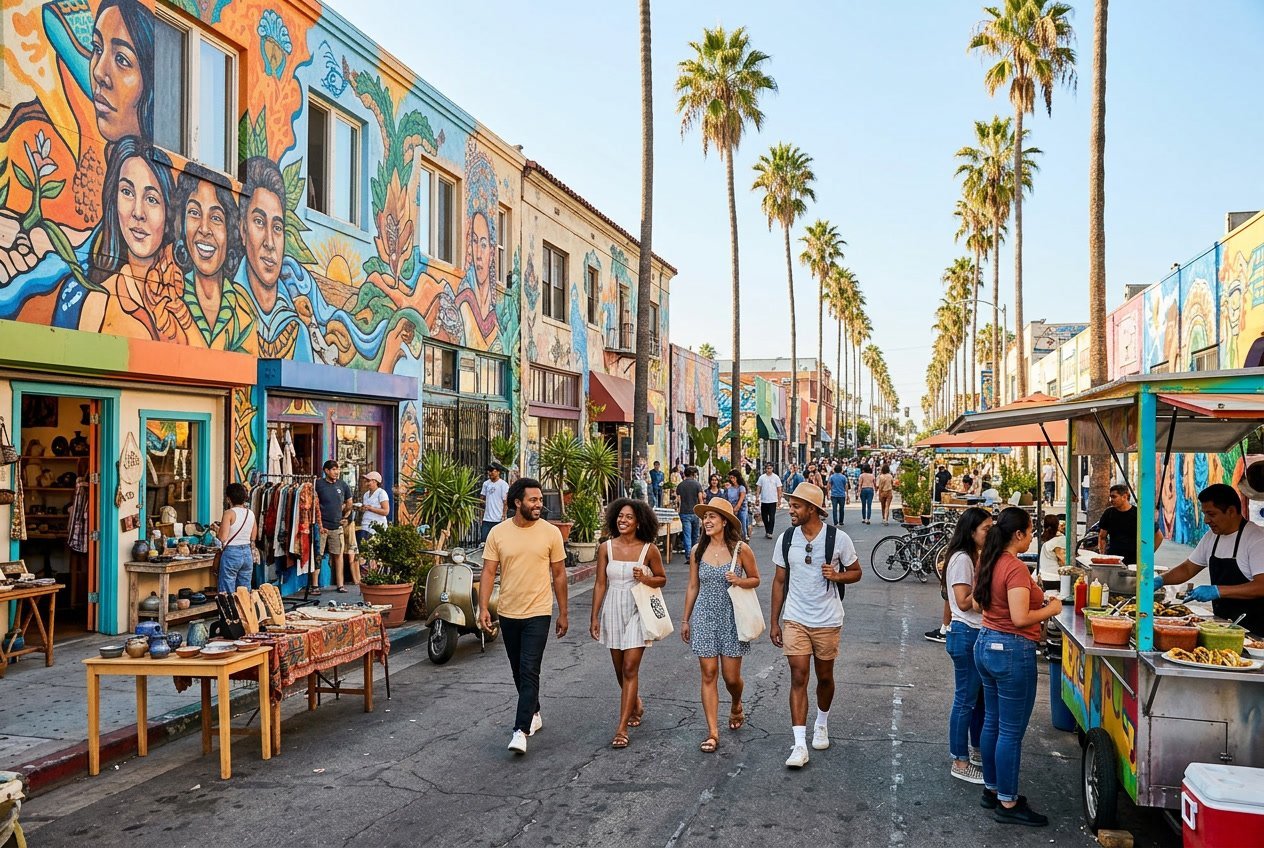 A sunny street in a lively Los Angeles neighborhood with colorful murals, small shops, palm trees, and people exploring the area.