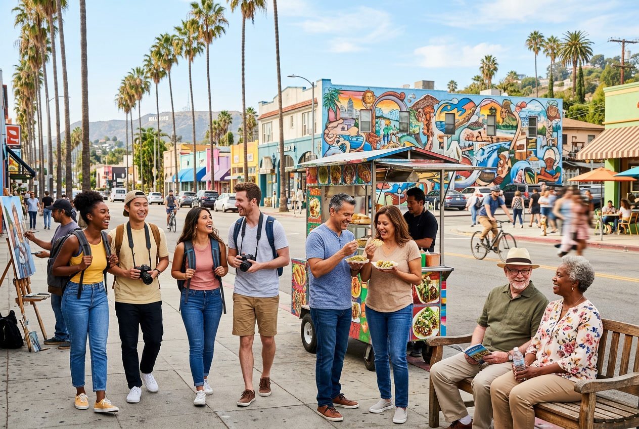 A diverse group of people enjoying outdoor activities together in a sunny Los Angeles park with palm trees and cityscape in the background.