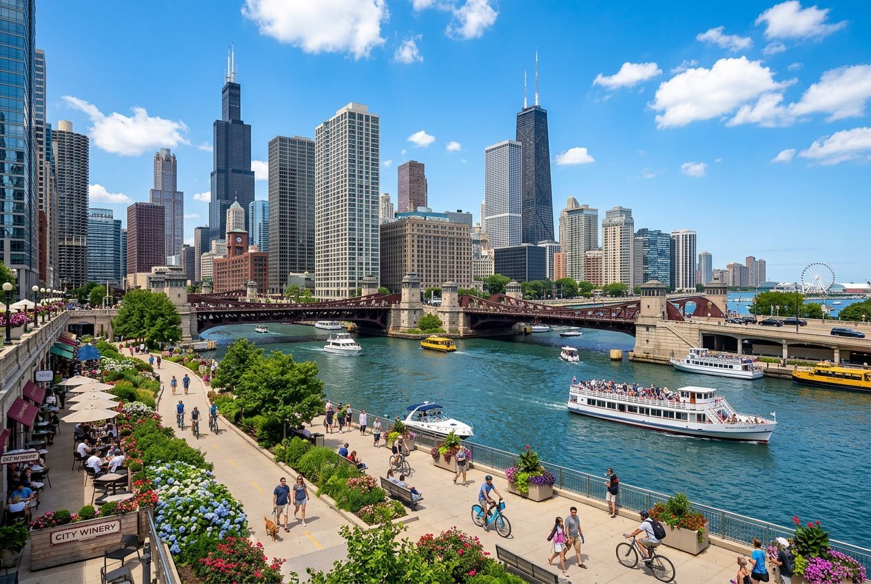 Panoramic view of downtown Chicago with people walking and biking along the riverwalk near the Chicago River and city skyscrapers.