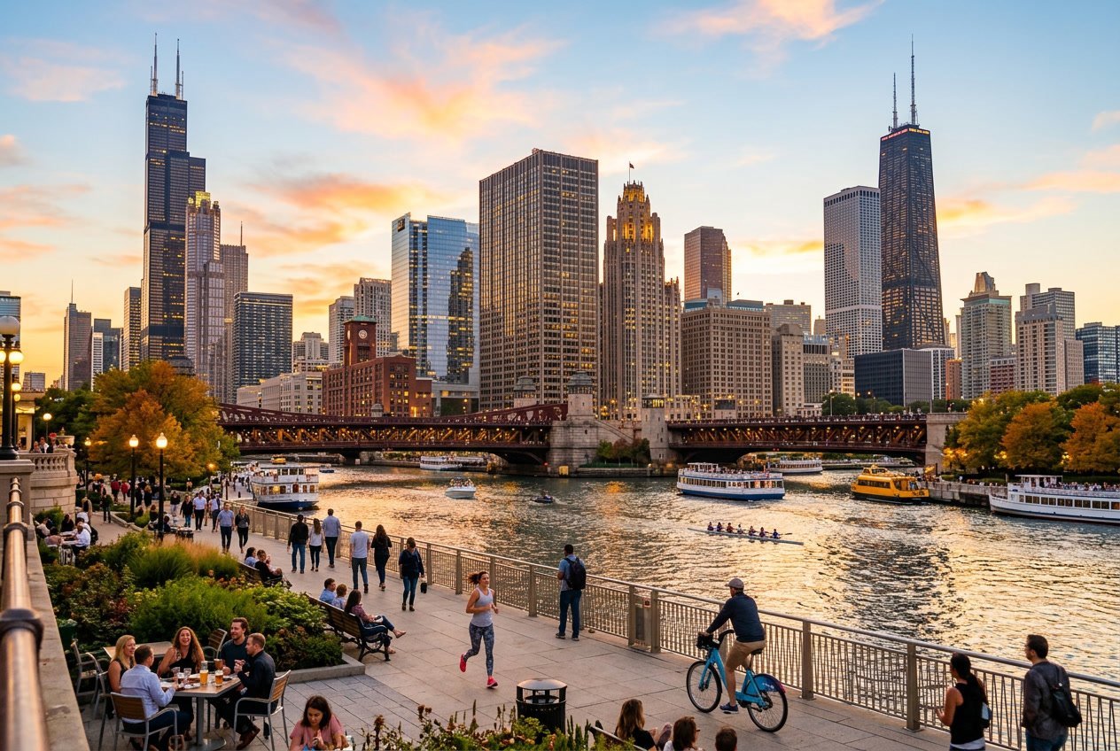 Chicago city skyline with skyscrapers, the Chicago River, and people enjoying a riverside park during sunset.