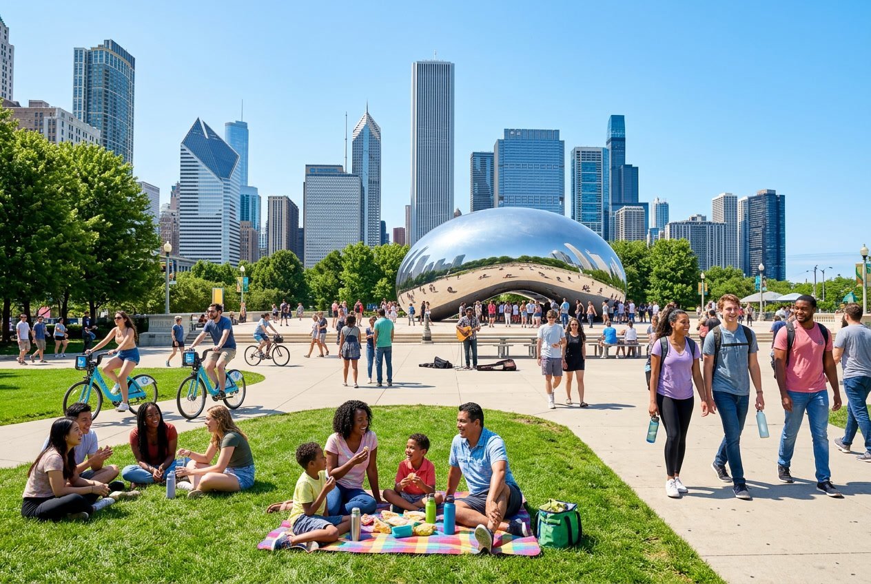 People enjoying outdoor activities near Chicago landmarks including the Cloud Gate sculpture on a sunny day.