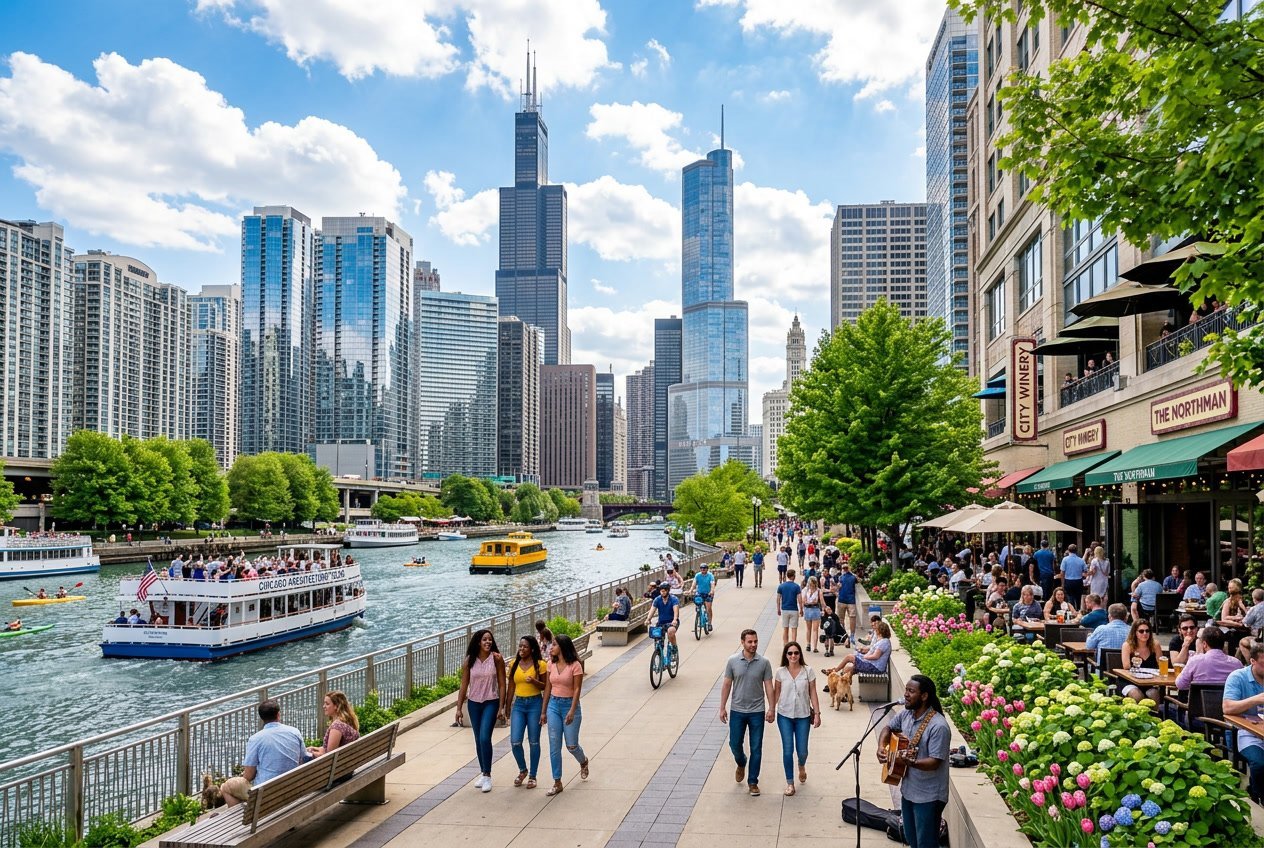 People enjoying outdoor activities along the Chicago Riverwalk with city skyscrapers and boats on the river on a sunny day.