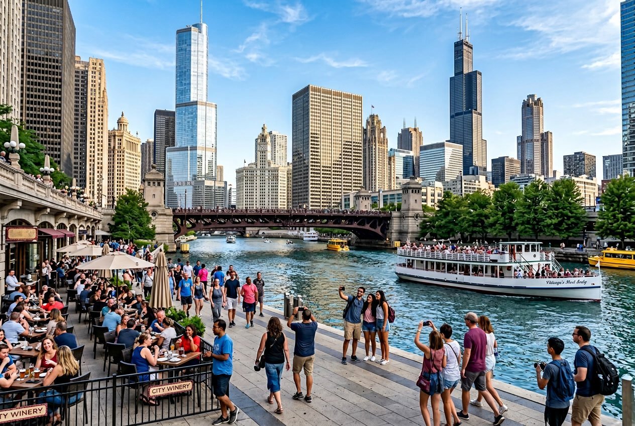 People enjoying a sunny day along the Chicago Riverwalk with tall buildings and bridges in the background.