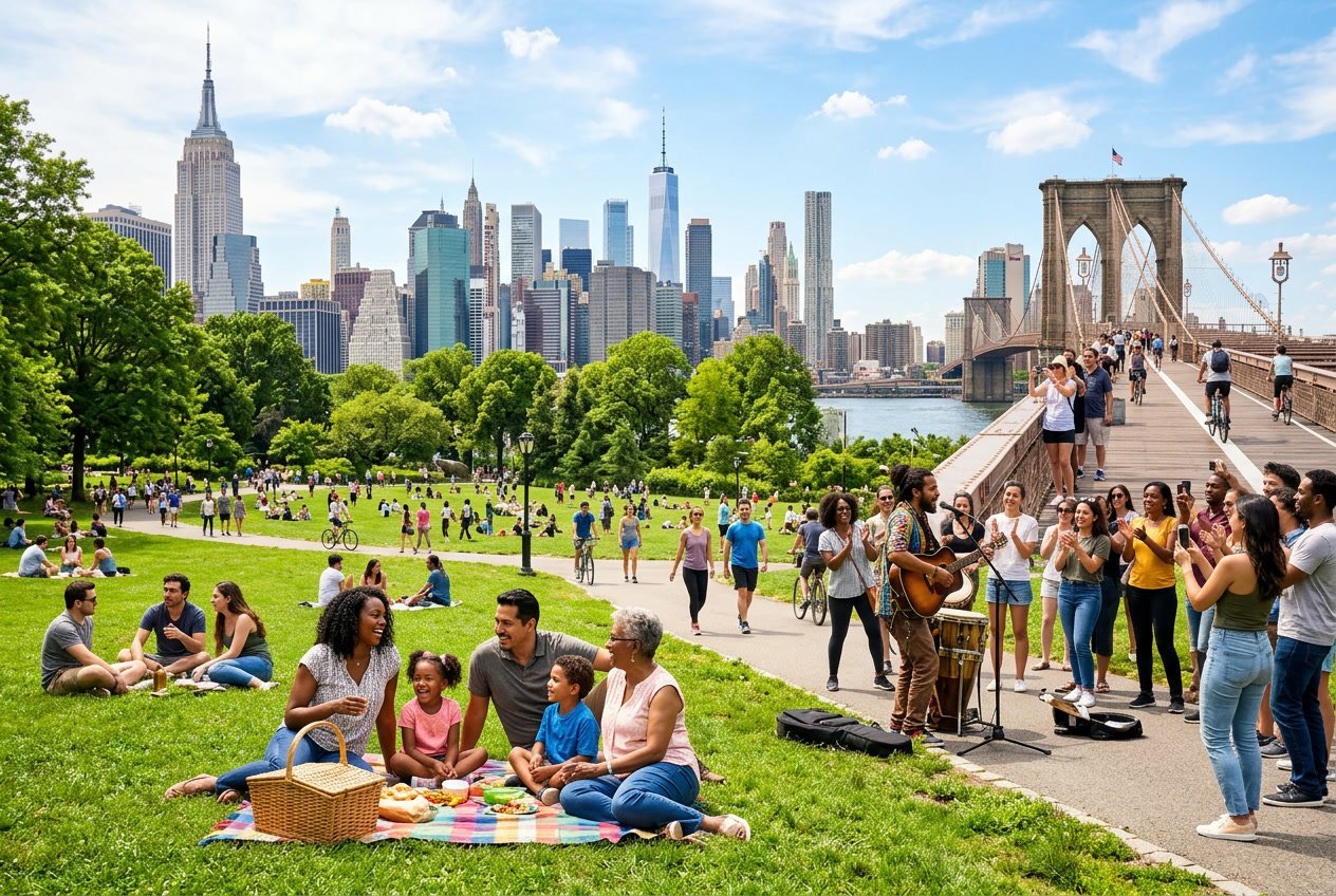 People enjoying outdoor activities in New York City parks and near landmarks on a sunny day.