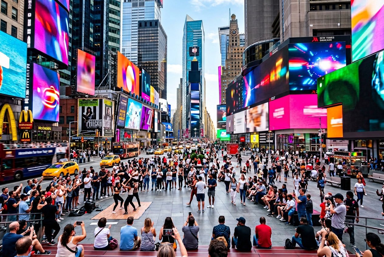 A busy street scene in Midtown Manhattan and Times Square with people walking, street performers, and tall buildings with bright billboards in the background.