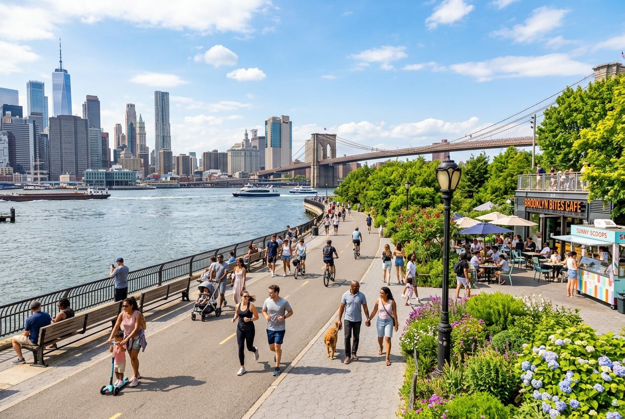 People walking and relaxing along a waterfront promenade in a New York City neighborhood with city skyline and boats in the background.