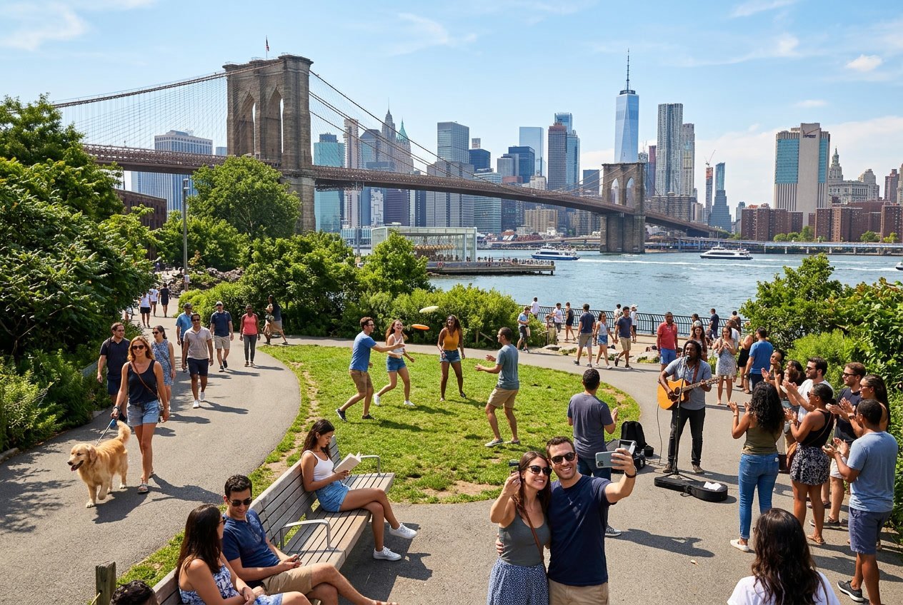People enjoying a sunny day in a New York City park with the Brooklyn Bridge and Manhattan skyline in the background.