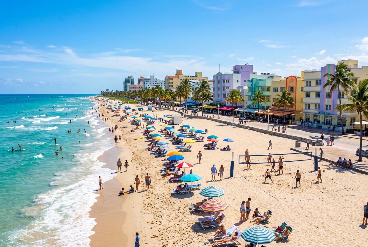 A sunny South Beach Miami scene with people enjoying the beach, colorful umbrellas, palm trees, and Art Deco buildings in the background.