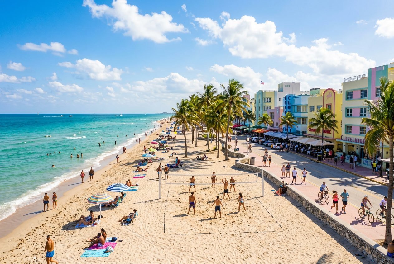 Sunny South Beach in Miami with people enjoying the beach, palm trees, turquoise water, and colorful Art Deco buildings in the background.