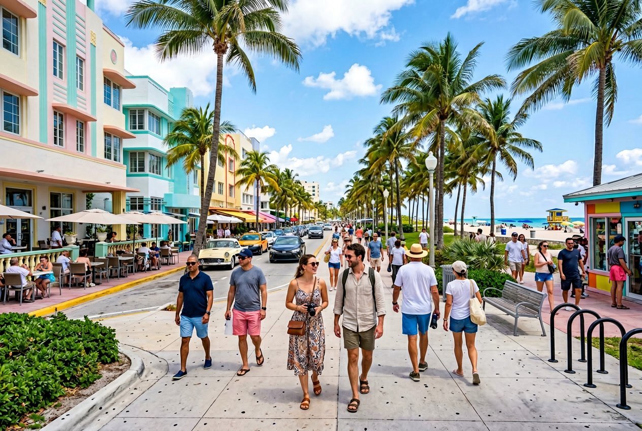 People walking along a palm tree-lined sidewalk near colorful buildings by the ocean in South Beach, Miami.
