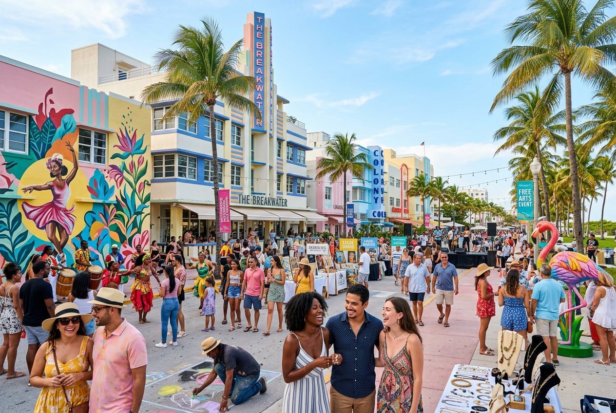 People enjoying outdoor cultural activities near colorful Art Deco buildings and palm trees in South Beach, Miami.