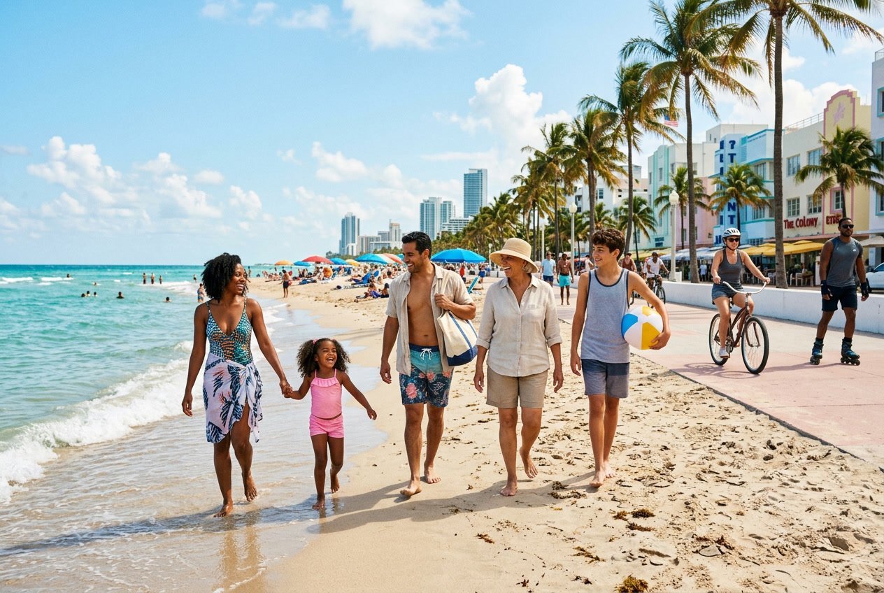 A family enjoying a sunny day at South Beach Miami with palm trees, ocean waves, and people biking along the beach promenade.