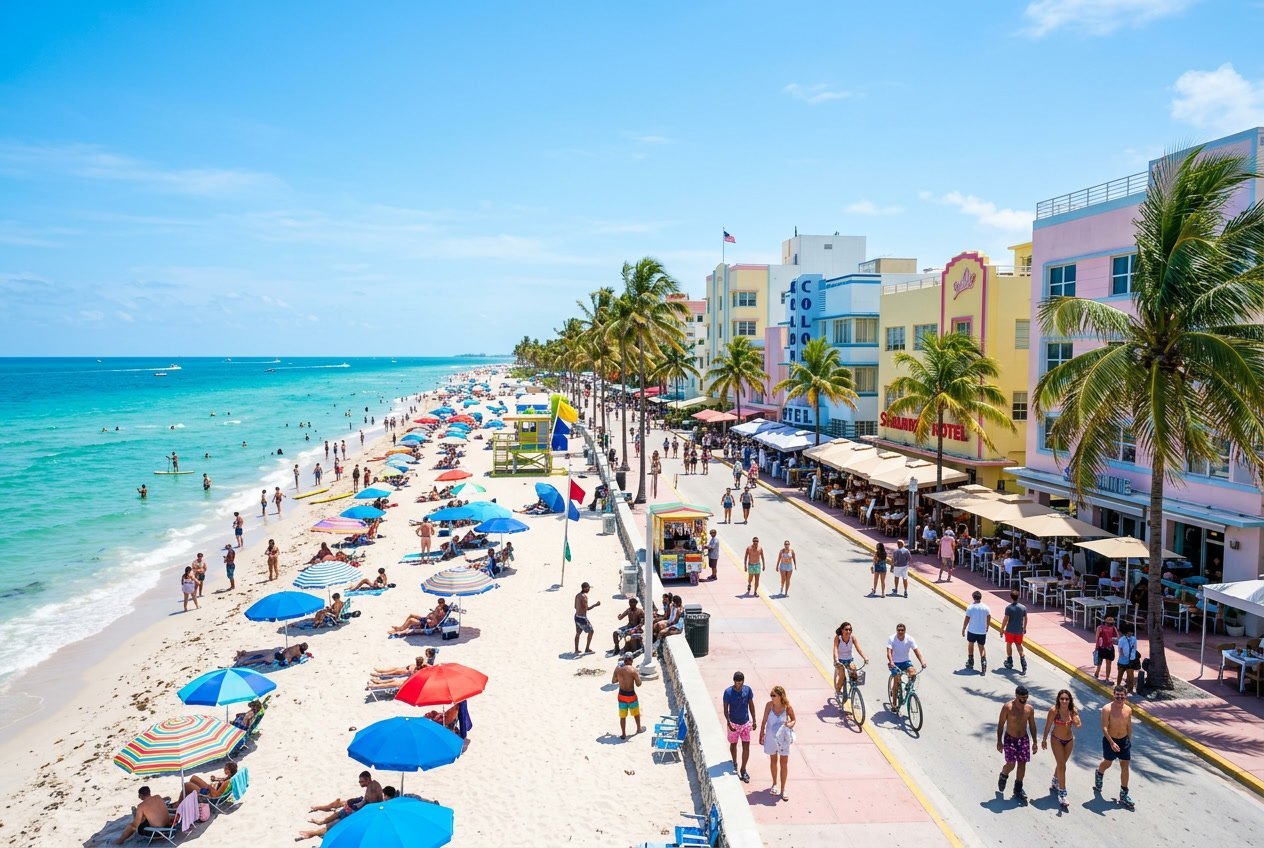 A sunny South Beach Miami scene with turquoise ocean, white sandy beach, colorful umbrellas, palm trees, and people enjoying outdoor activities along Ocean Drive.