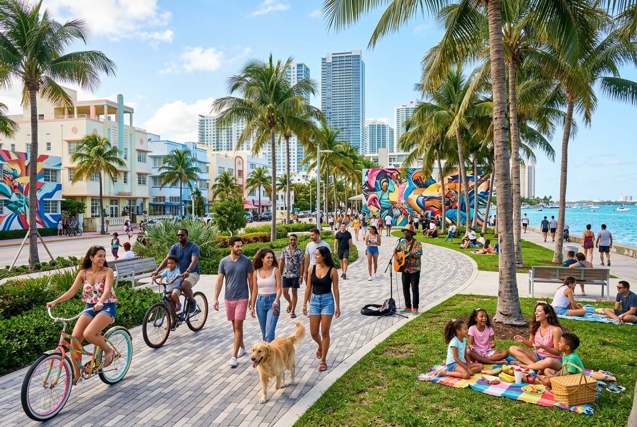 People enjoying outdoor activities in a sunny Miami park with palm trees, colorful murals, and city buildings in the background.