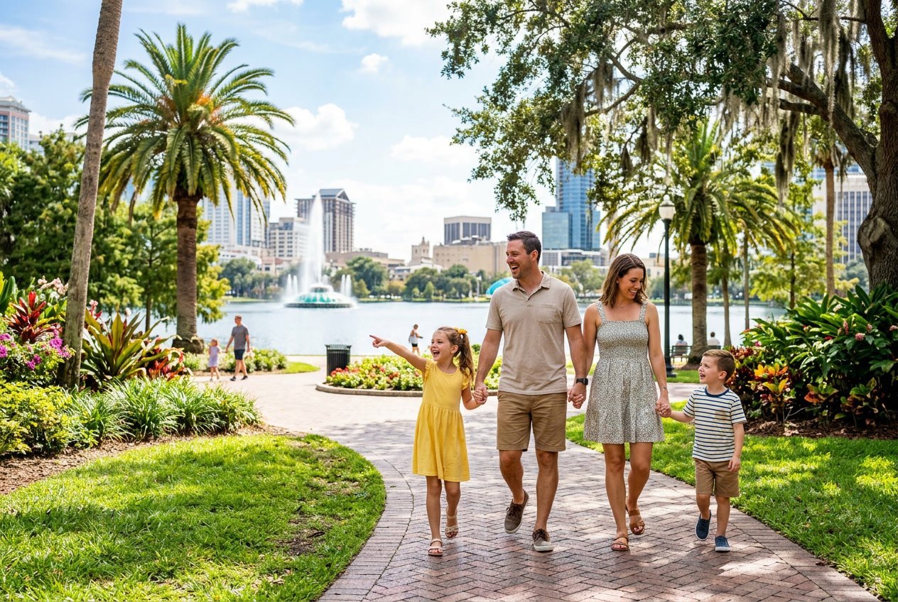 A family enjoying outdoor activities together in a sunny Orlando park with palm trees and greenery.