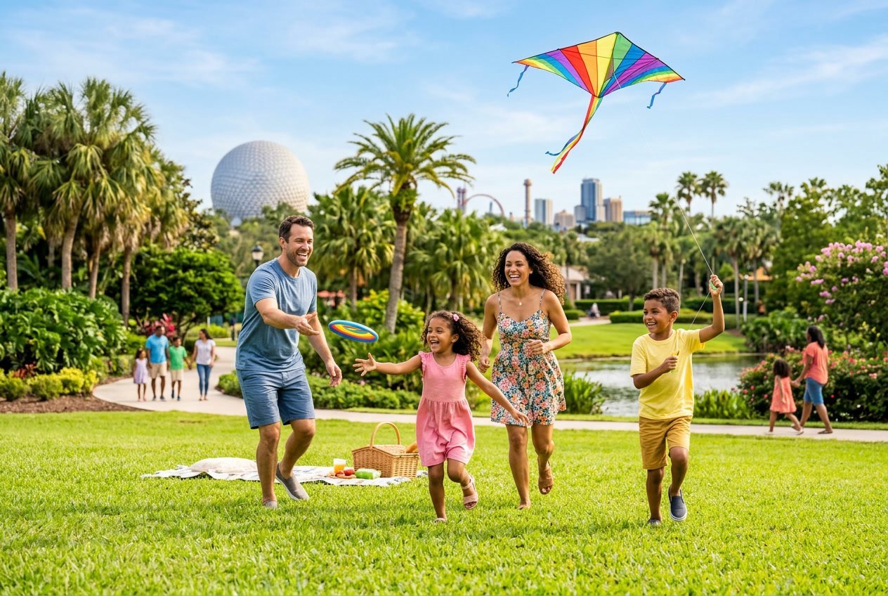 A family enjoying outdoor activities together in a sunny Orlando park with palm trees and a theme park silhouette in the background.