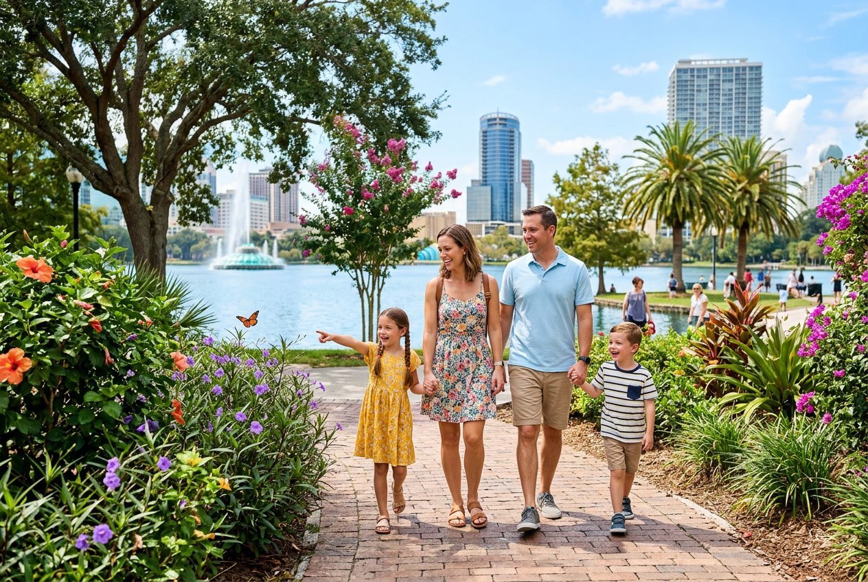 A family of four enjoying a sunny day walking and playing together in a green park with trees and flowers.