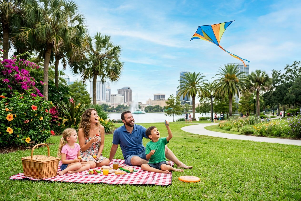 A family of four enjoying a sunny day in a green park in Orlando, Florida, having a picnic and playing outdoors.