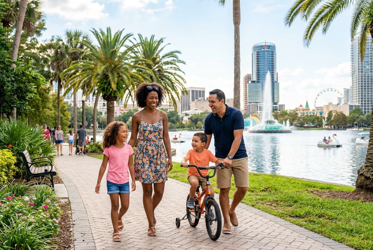 A family of four enjoying a sunny day outdoors in a park in Orlando, Florida, with palm trees and a city skyline in the background.