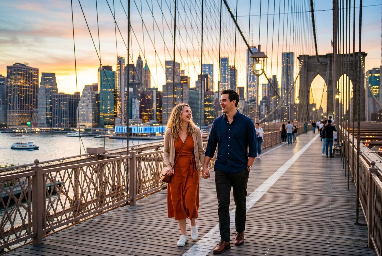 A couple holding hands and walking on the Brooklyn Bridge with the Manhattan skyline in the background at sunset.