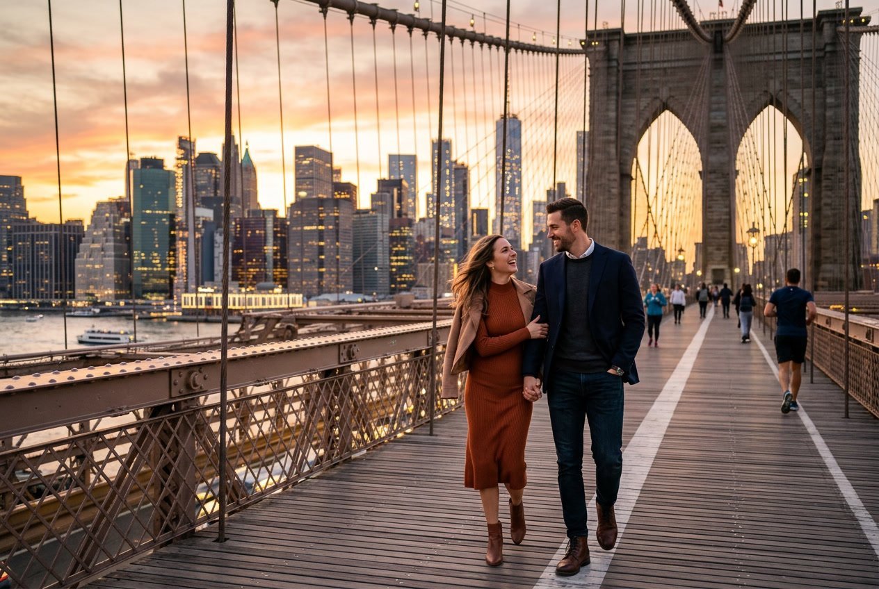 A couple walking hand-in-hand on the Brooklyn Bridge with the Manhattan skyline in the background at sunset.
