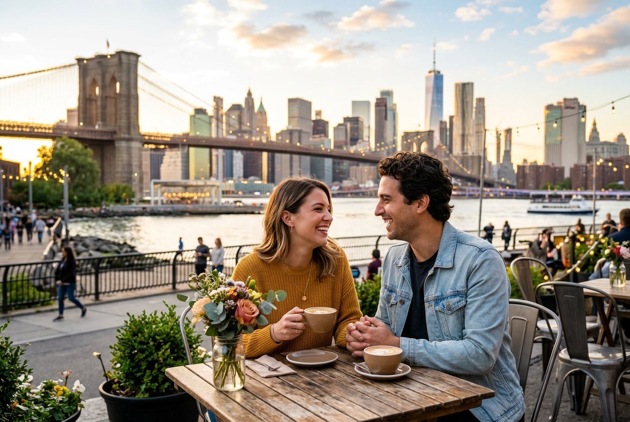 A couple holding hands and smiling at an outdoor café with the Manhattan skyline and Brooklyn Bridge in the background at sunset.