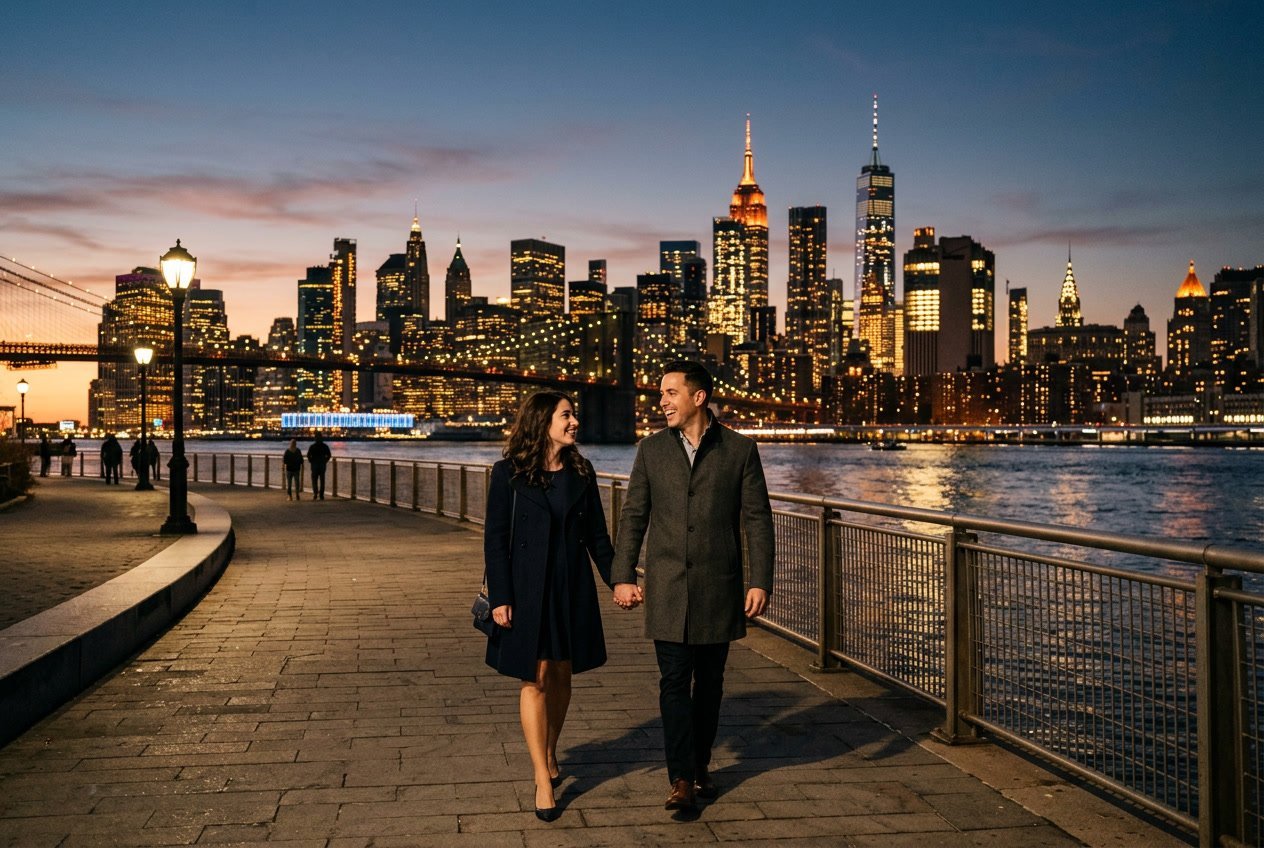 A couple holding hands walking along a waterfront with the New York City skyline lit up at dusk.