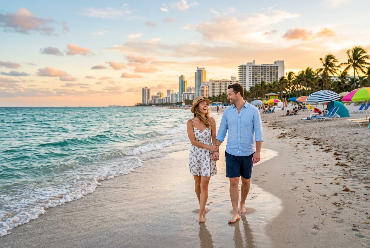 A couple walking hand in hand along a Miami beach at sunset with palm trees and the city skyline in the background.