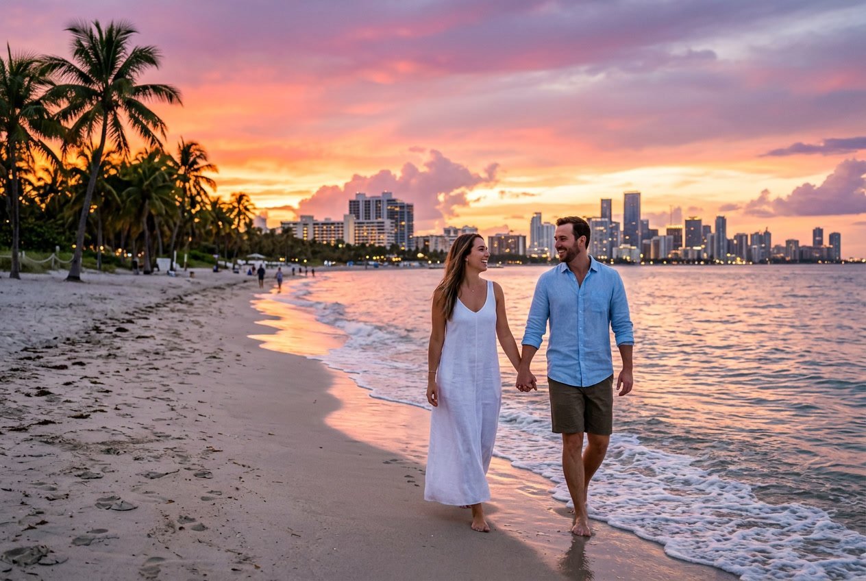 A couple walking hand-in-hand along a Miami beach at sunset with palm trees and the city skyline in the background.