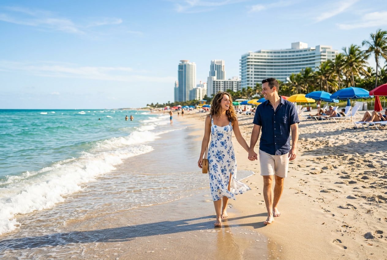 A couple walking hand-in-hand along a sunny Miami beach with palm trees and ocean waves in the background.
