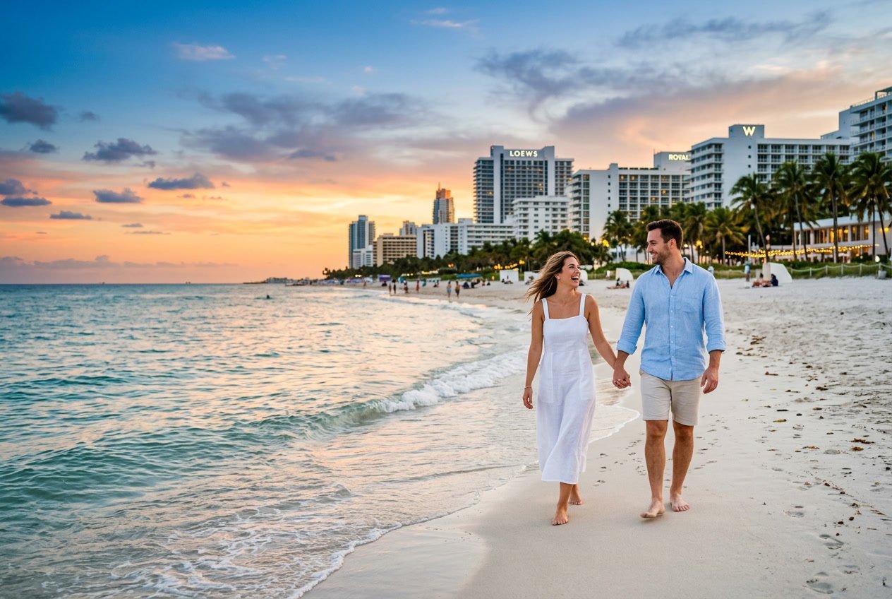 A couple walking hand-in-hand along a sandy Miami beach at sunset with palm trees and beachfront hotels in the background.