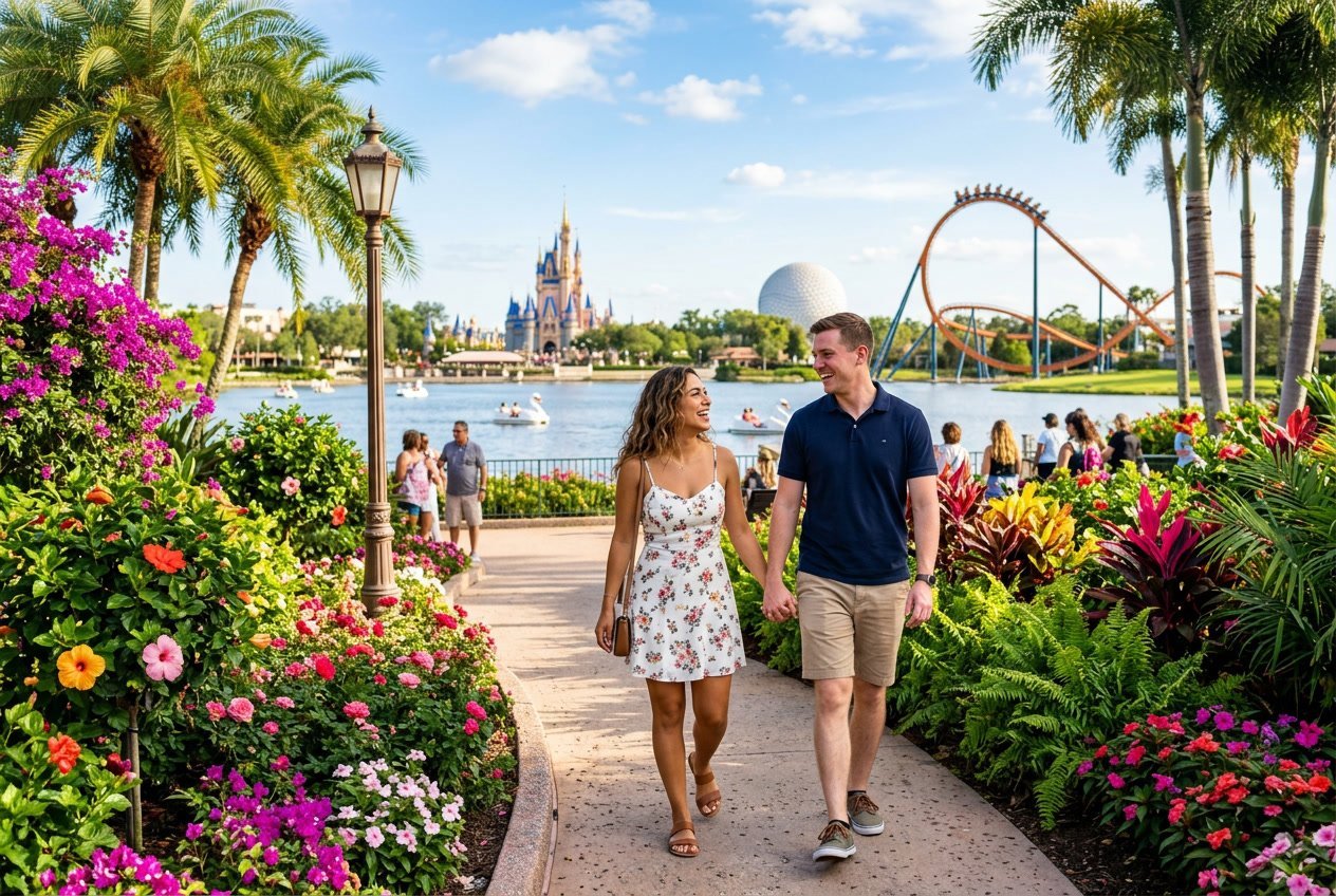 A couple walking hand-in-hand through a colorful garden with palm trees and theme park attractions in the background on a sunny day.