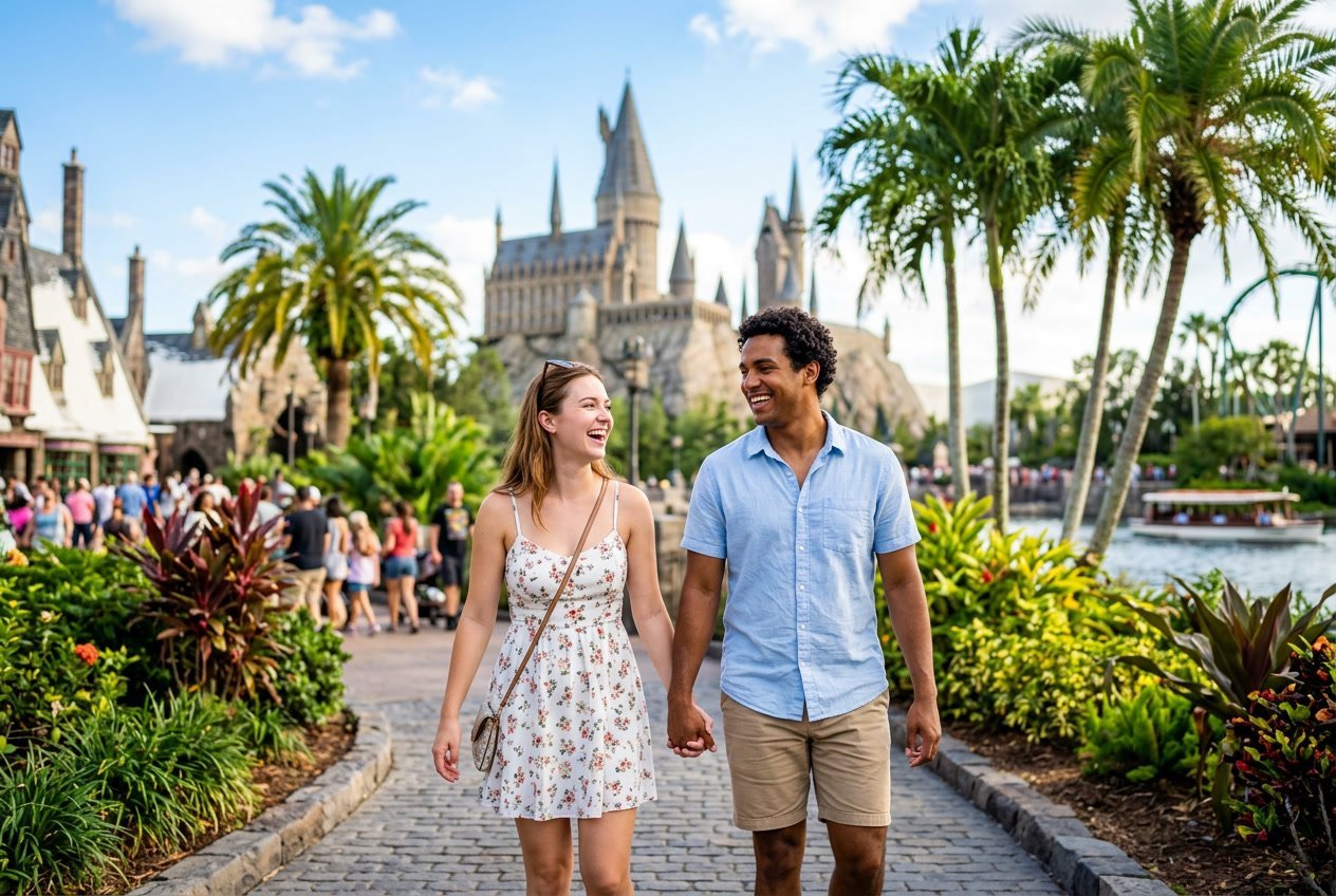A happy couple enjoying a sunny day outdoors in Orlando, Florida, walking hand-in-hand near palm trees and colorful gardens.